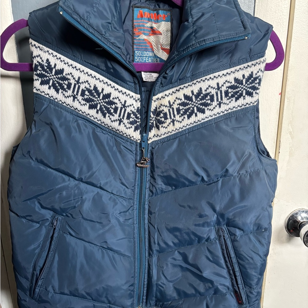 Blue Quilted Down-Blend Vest with Snowflake Knit Yoke